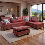 Sectional Couches for Living Room with Movable Chaise & Storage Ottoman - 97.5" Leather L Shaped Couches for Living Room Apartment, Home Modular Sectional Sofas with Cup Holder, Red