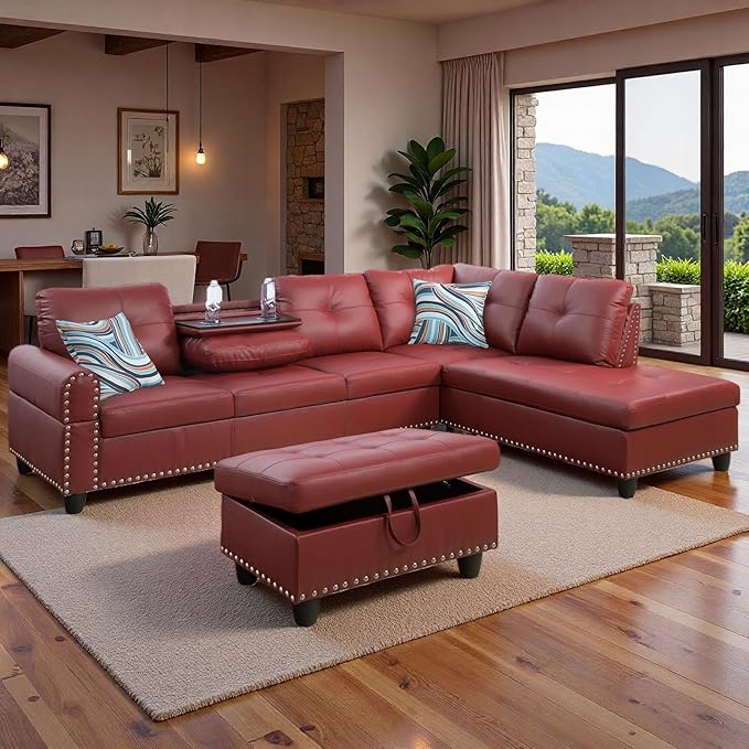 Sectional Couches for Living Room with Movable Chaise & Storage Ottoman - 97.5" Leather L Shaped Couches for Living Room Apartment, Home Modular Sectional Sofas with Cup Holder, Red