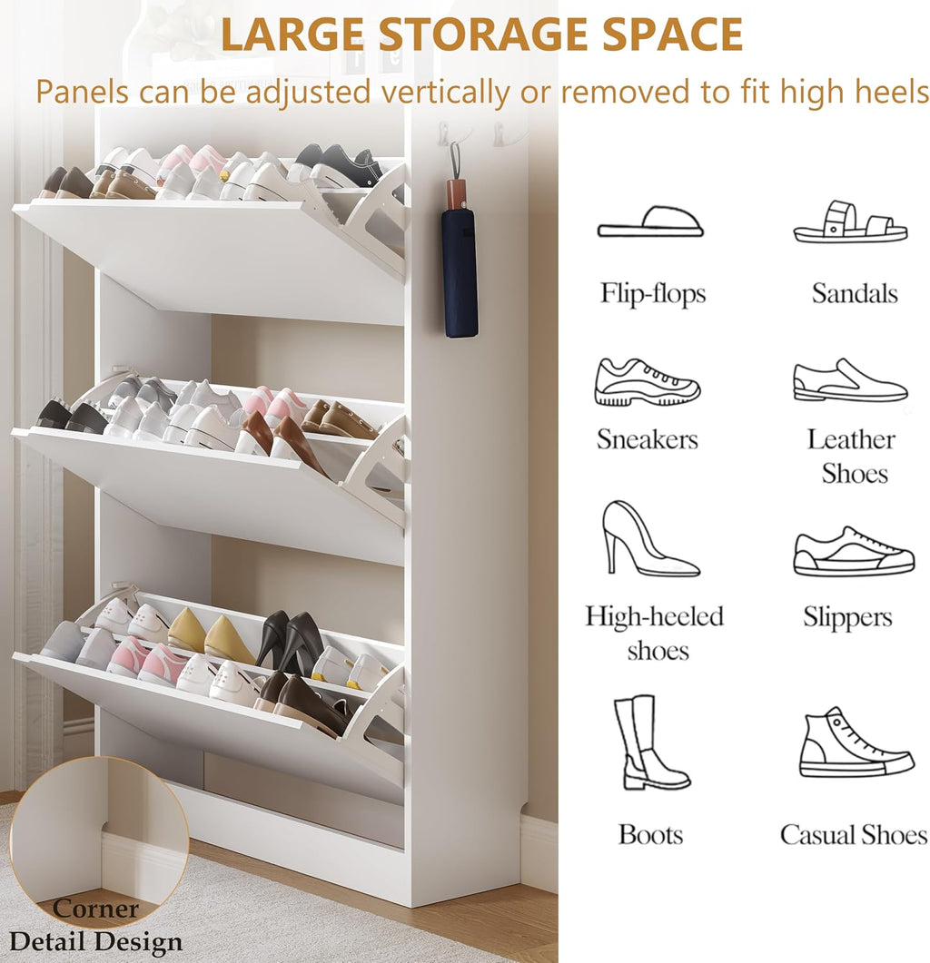 Tall Shoe Cabinet with Coat Rack, Hidden Shoe Storage Cabinet with Doors & Drawer, Hanging Bar & Hooks, Slim Narrow Freestanding Shoe Rack Organizer for Entryway, Hallway & Living Room, White