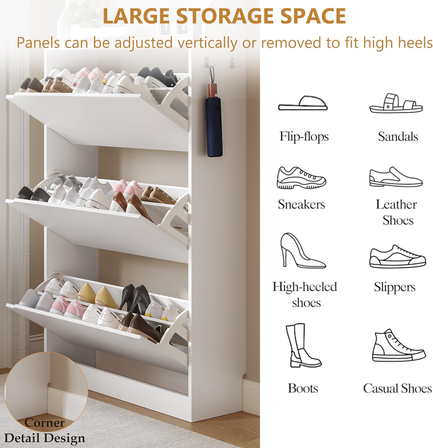 Tall Shoe Cabinet with Coat Rack, Hidden Shoe Storage Cabinet with Doors & Drawer, Hanging Bar & Hooks, Slim Narrow Freestanding Shoe Rack Organizer for Entryway, Hallway & Living Room, White