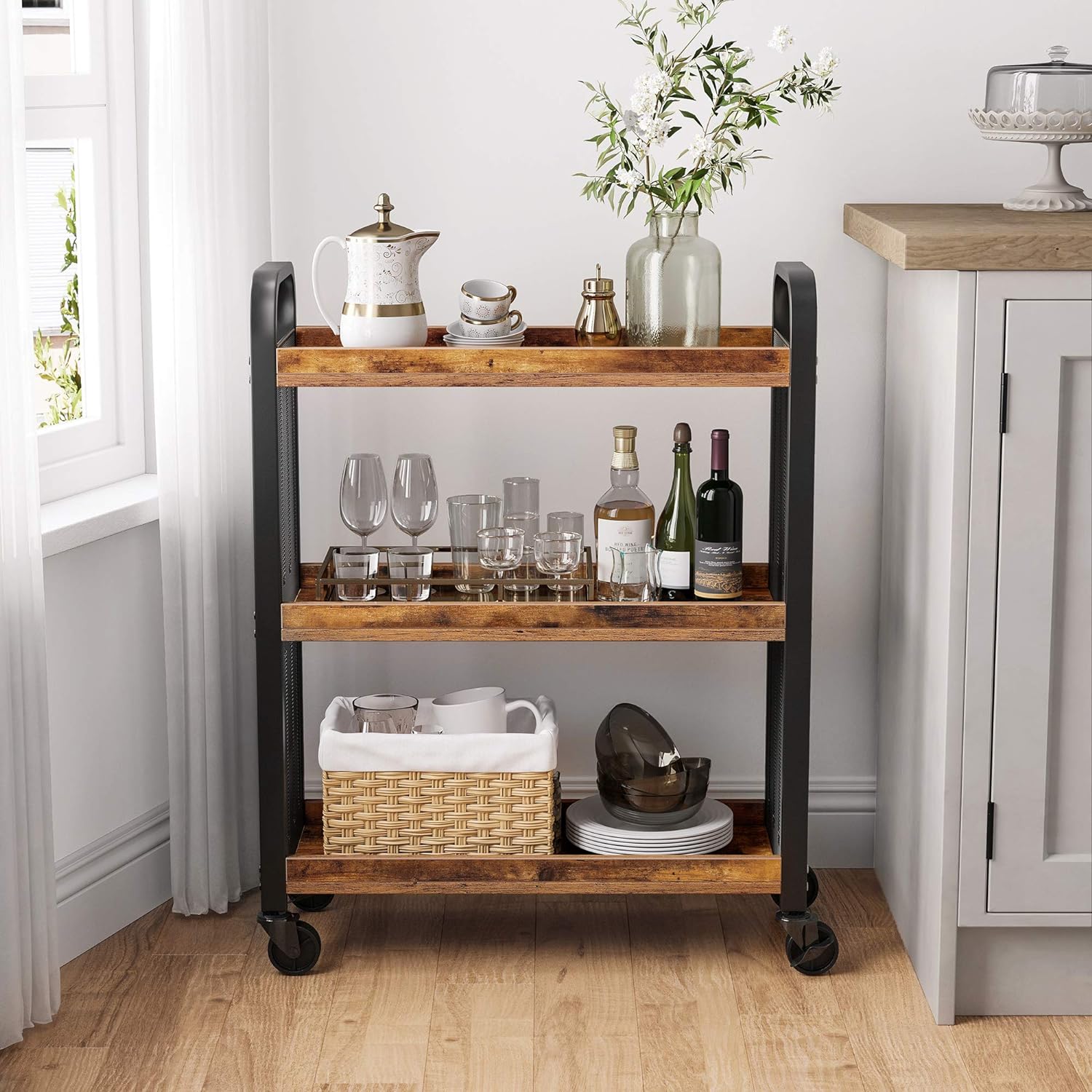 VASAGLE 3-Tier Narrow Storage Cart, Rolling Cart with Wheels, Steel Frame, Slim Storage Cart for Kitchen, Dining Room, Laundry Room, Adjustable Feet Included, Industrial Style, Rustic Brown and Black