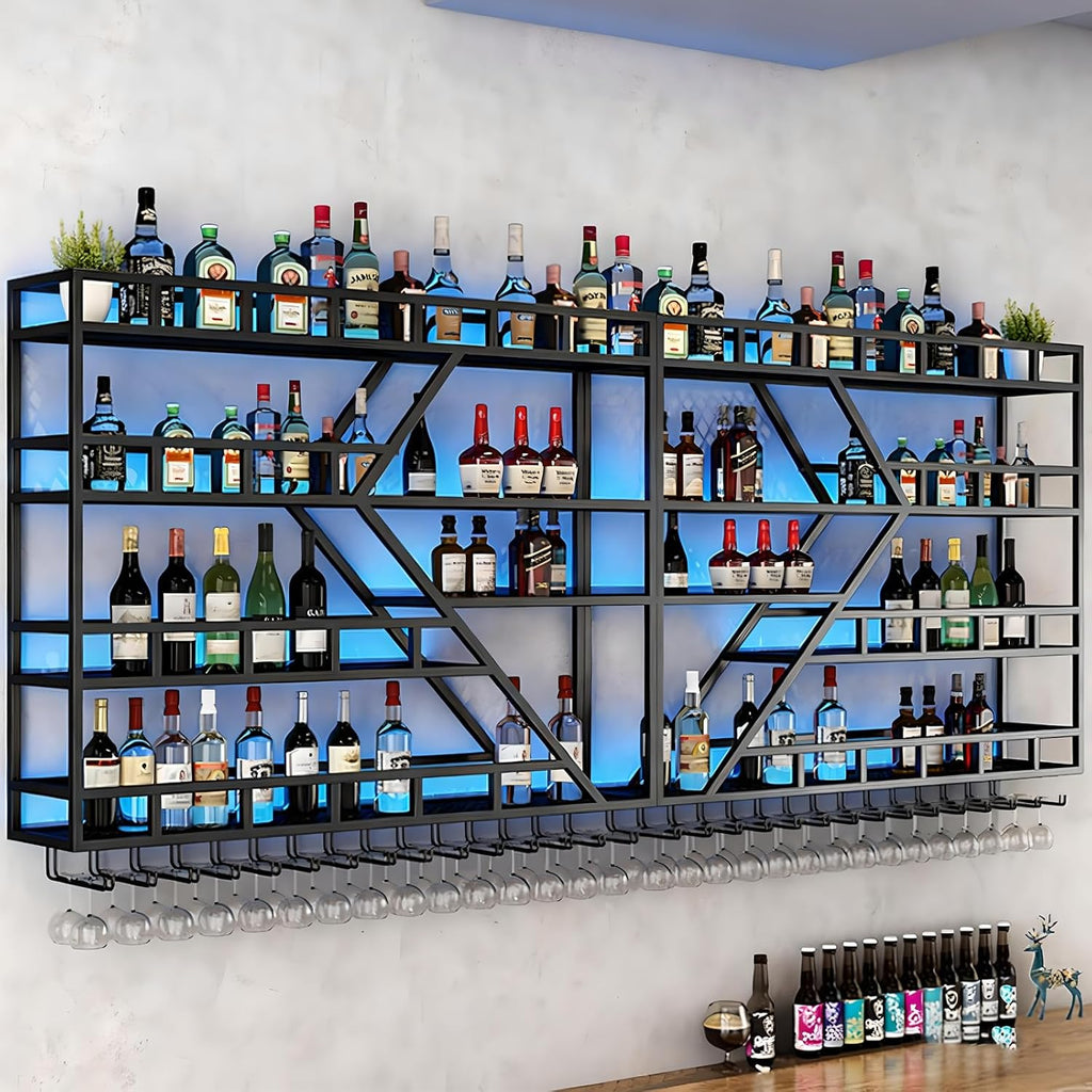 94.48in Metal Wine Rack Wall Mounted, Modern Wine Storage Rack Wall Mounted with Wine Glass Holder, Liquor Shelf, Bar Shelves for Liquor Bottles (4 Tiers Black, 94.48 * 7.87 * 33.85INCH)
