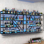 94.48in Metal Wine Rack Wall Mounted, Modern Wine Storage Rack Wall Mounted with Wine Glass Holder, Liquor Shelf, Bar Shelves for Liquor Bottles (4 Tiers Black, 94.48 * 7.87 * 33.85INCH)
