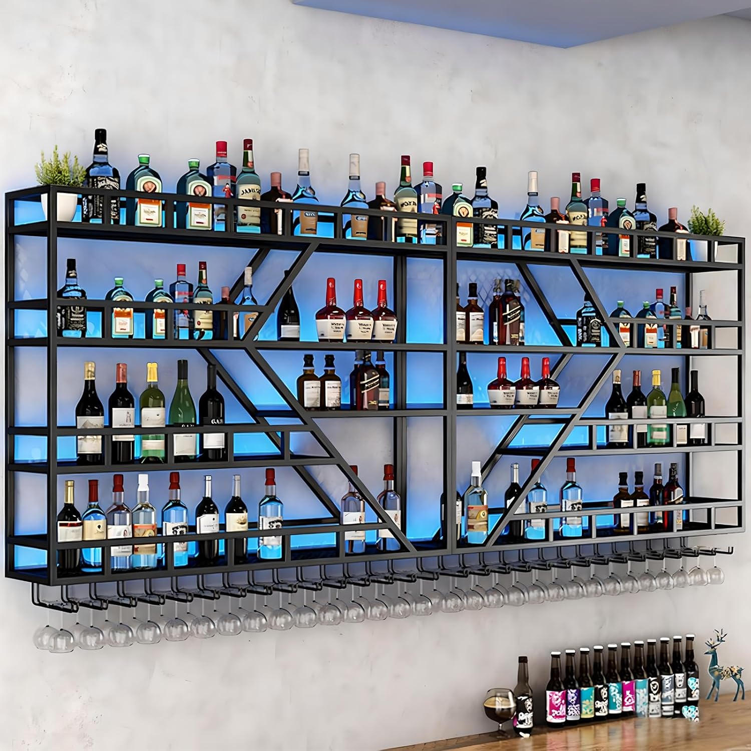 94.48in Metal Wine Rack Wall Mounted, Modern Wine Storage Rack Wall Mounted with Wine Glass Holder, Liquor Shelf, Bar Shelves for Liquor Bottles (4 Tiers Black, 94.48 * 7.87 * 33.85INCH)