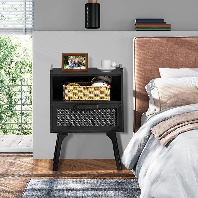Lerliuo Rattan Nightstands Set of 2, Boho Side Table with Drawer Open Shelf, ...