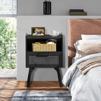 Lerliuo Rattan Nightstands Set of 2, Boho Side Table with Drawer Open Shelf, Cane Accent Bedside End Table with Solid Wood Legs for Bedroom, Dorm and Small Spaces (Black)