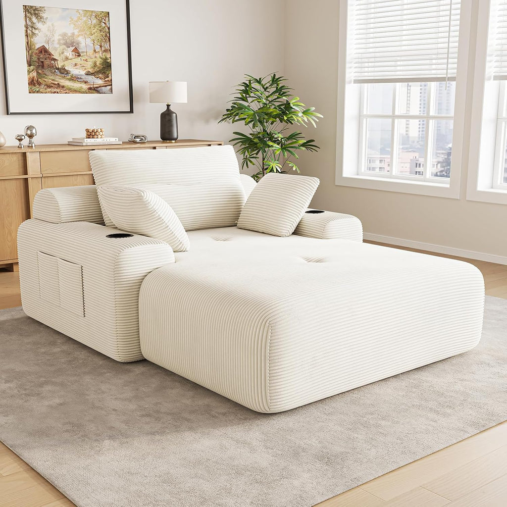 69” Oversized Chaise Lounge Chair Indoor, Modern Boneless Chaise Lounge Reading Chairs with 4 Side Pockets and 2 Cup Holders, Comfy Corduroy Sleeper Sofa Bed for Living Room Bedroom, Warm White