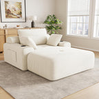 69” Oversized Chaise Lounge Chair Indoor, Modern Boneless Chaise Lounge Reading Chairs with 4 Side Pockets and 2 Cup Holders, Comfy Corduroy Sleeper Sofa Bed for Living Room Bedroom, Warm White