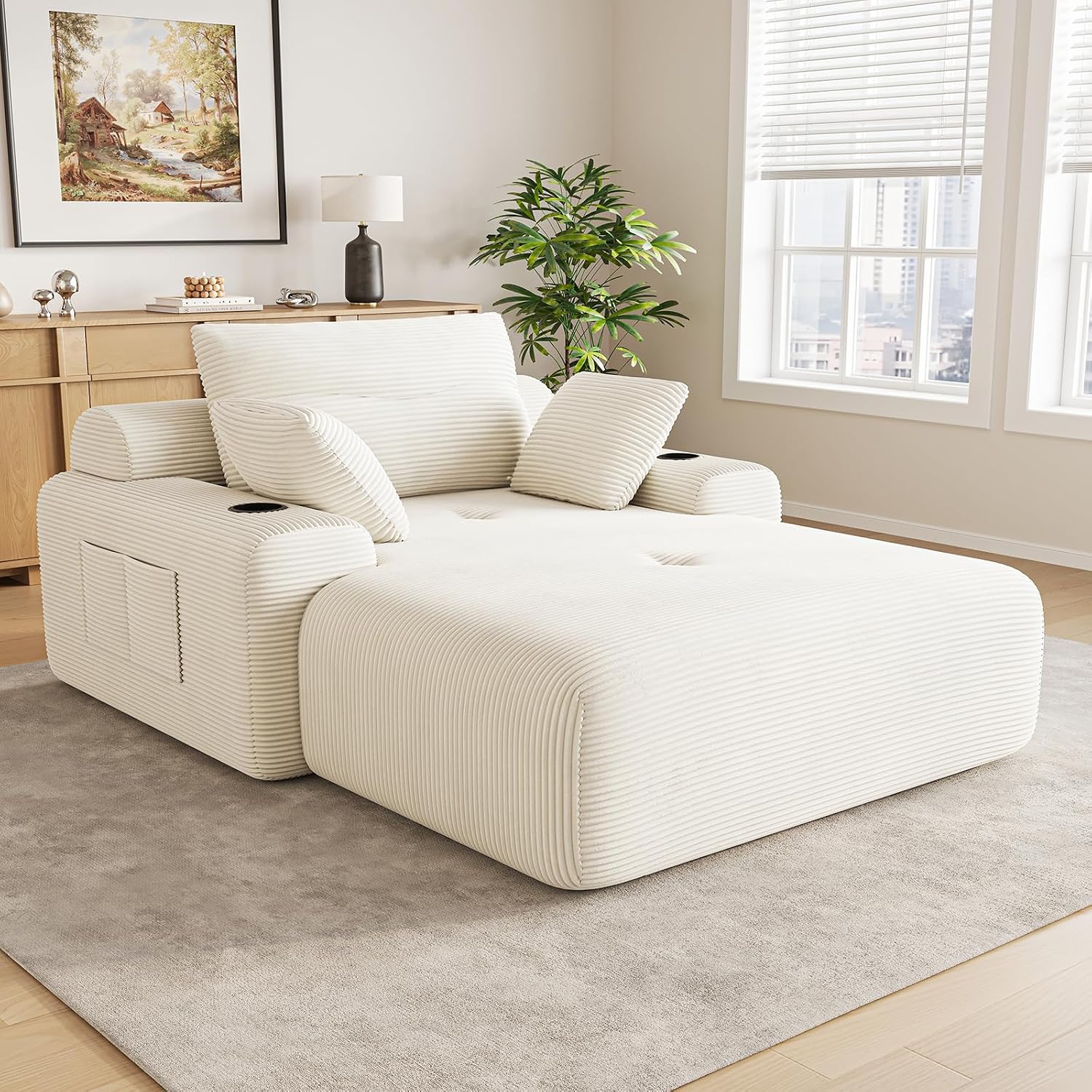 69” Oversized Chaise Lounge Chair Indoor, Modern Boneless Chaise Lounge Reading Chairs with 4 Side Pockets and 2 Cup Holders, Comfy Corduroy Sleeper Sofa Bed for Living Room Bedroom, Warm White