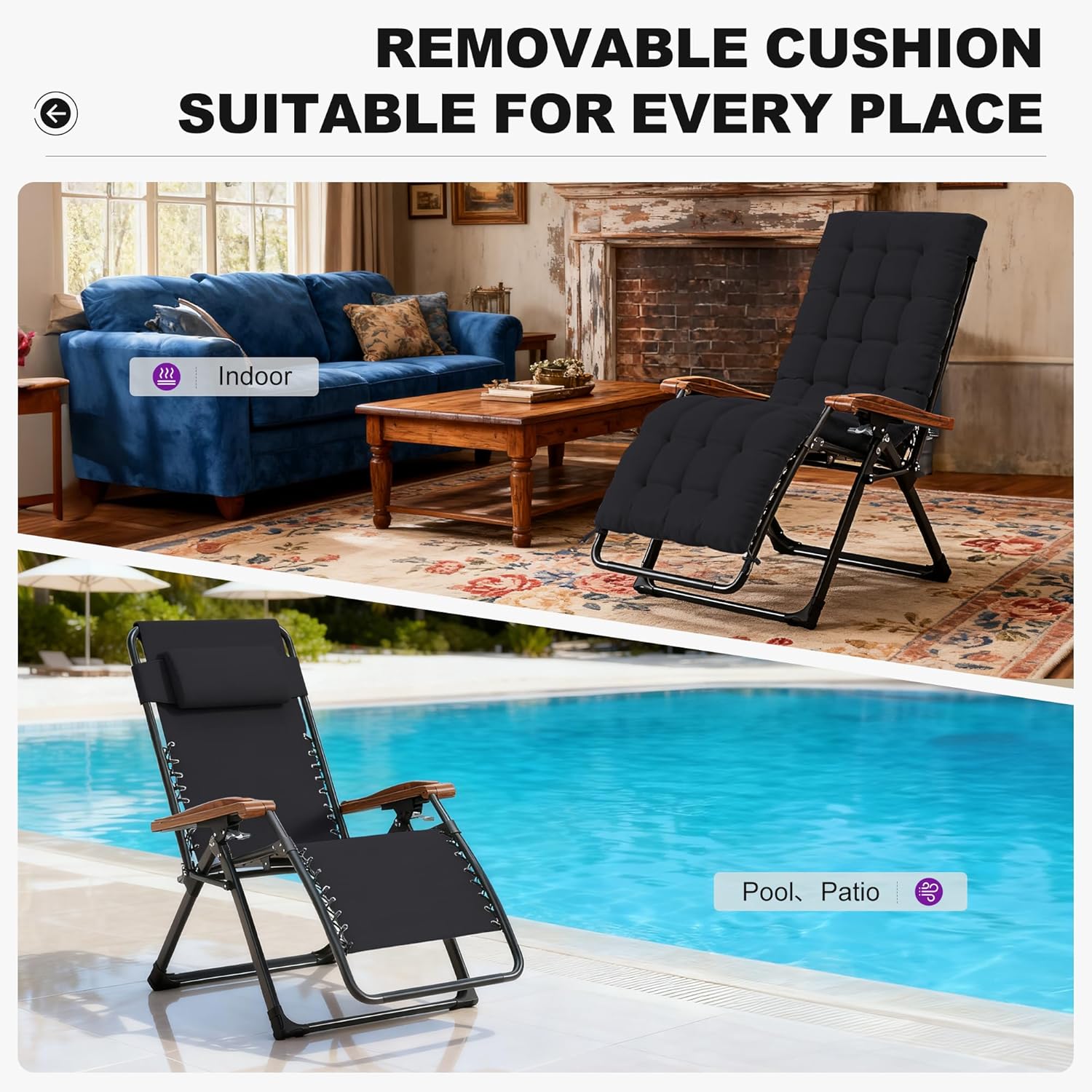 PURPLE LEAF Outdoor Reclining Chair Oversized Removable Cushion, Black | Extra-wide seat, Adjustable head pillow, UV protected textilene, Reclining backrest, Removable cushions, 120gsm peach skin