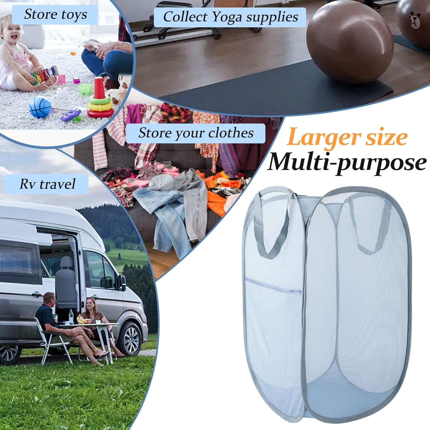 Upgraded 100L Extra Large Collapsible Laundry Baskets, 2 Pack XL Mesh Pop Up Laundry Hamper with Handles, Portable Travel Laundry Basket, Foldable Hamper. Grey. 2V
