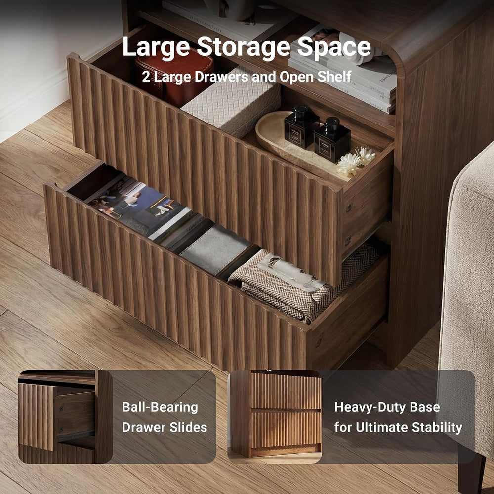 Seang Nightstand Set of 2,Fluted Nightstand with Charging Station & LED L...