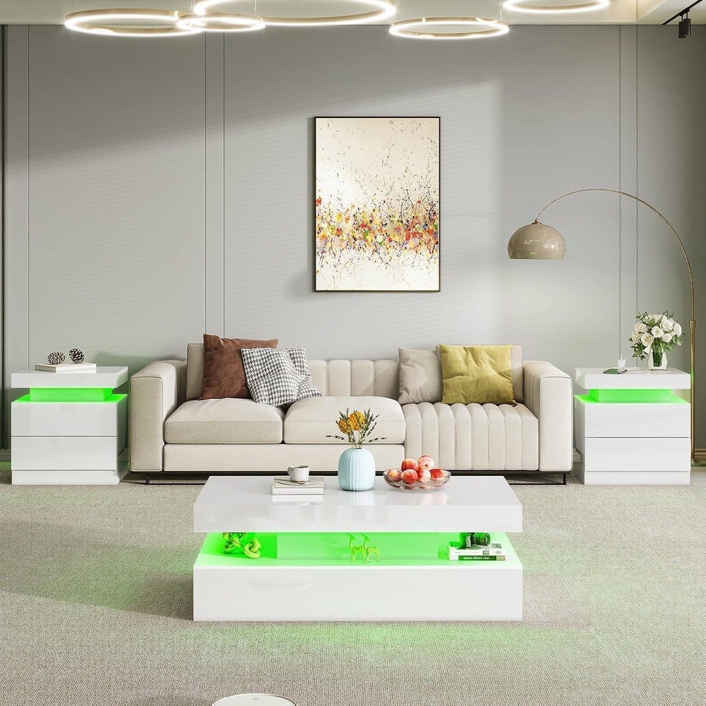 AMERLIFE 3-Piece High Gloss Coffee Table Set with LED Lights | Bedside Nights...