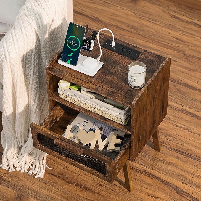 Lerliuo Rattan Nightstand with Charging Station, Side Table with Drawer Open ...