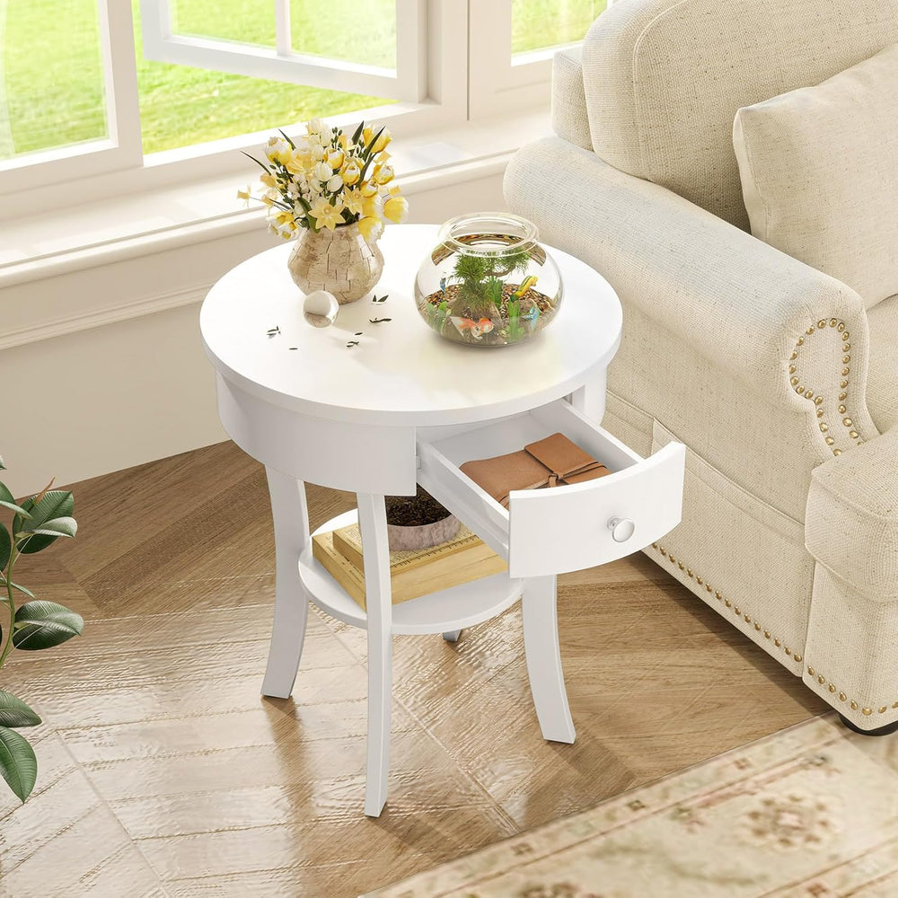 GOFLAME Round End Table with Drawer, 2-Tier Sofa Side Table with Solid Wood L...
