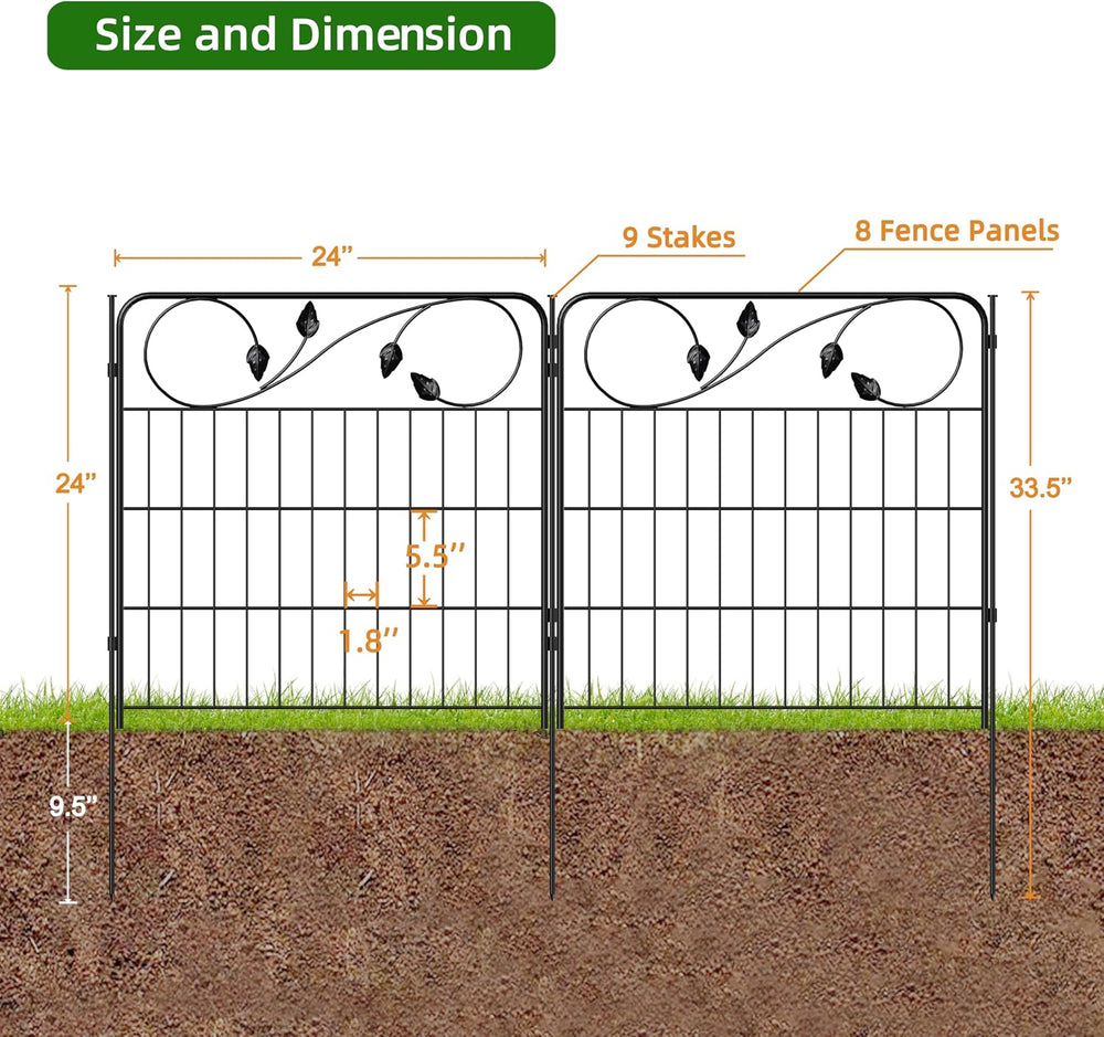 Decorative Black Garden Fencing 24in(H)X16ft(L) 8 Panels Metal Garden Fence