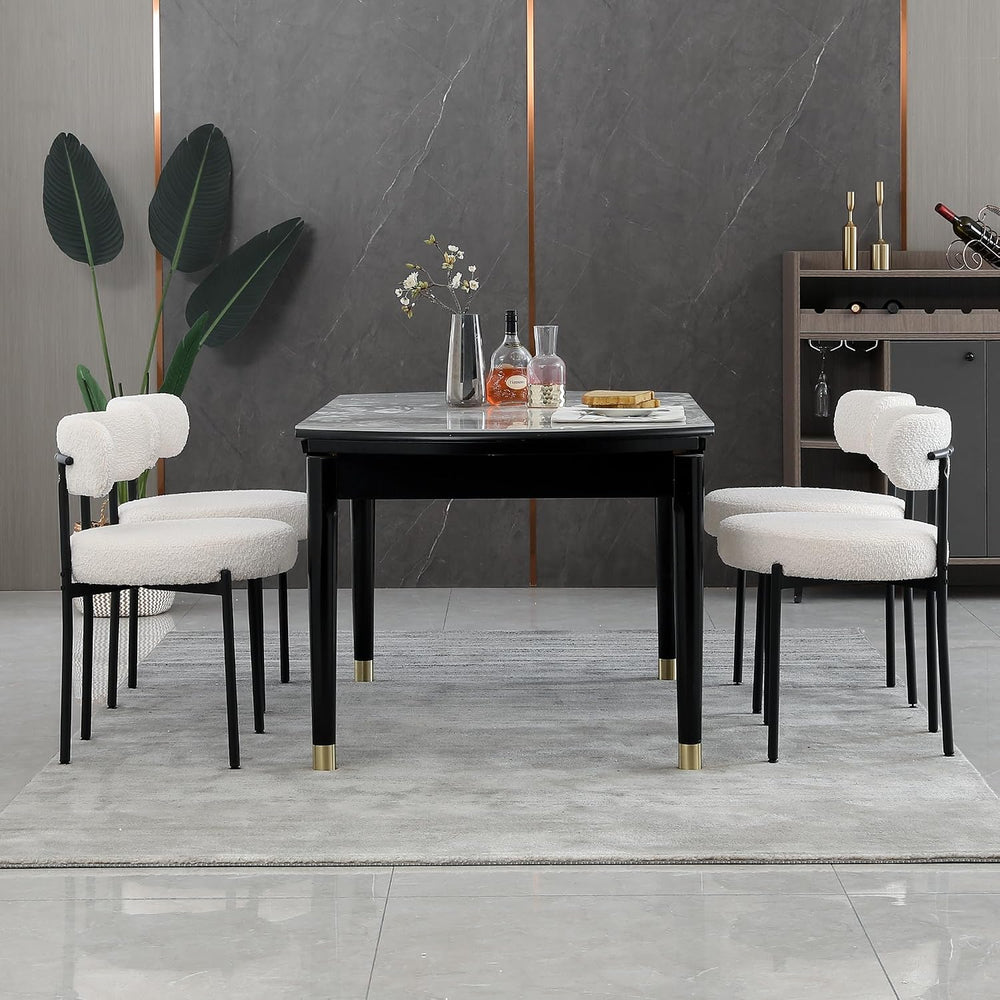 White Dining Chairs Set of 4 Round Upholstered Boucle Dining Room Chairs Mid-...