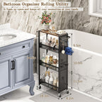 Utility Slim Storage Cart 4 Tier Small Rolling Kitchen Laundry Room Organization Cart with Wood Top Metal Narrow Laundry Room Shelves Cabinet Unit Laundry Organizer Trolley with Handle for Small space