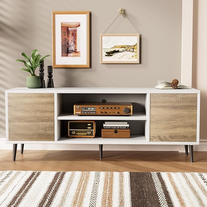 JUMMICO TV Stand for 65 Inch TV, Mid Century Modern TV Stand, Entertainment Center with Storage Cabinet and Open Shelves, TV Console Table Media Cabinet for Living Room, and Bedroom (Oak)