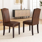 LSSBOUGHT PU Dining Chair Upholstered Parsons Kitchen Chair with Copper Nails and Solid Wood Legs for Dining Room,Restaurant (Dark Brown, 2PCS)