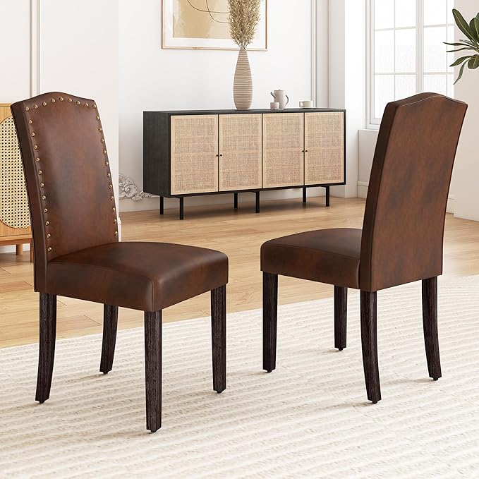 LSSBOUGHT PU Dining Chair Upholstered Parsons Kitchen Chair with Copper Nails and Solid Wood Legs for Dining Room,Restaurant (Dark Brown, 2PCS)