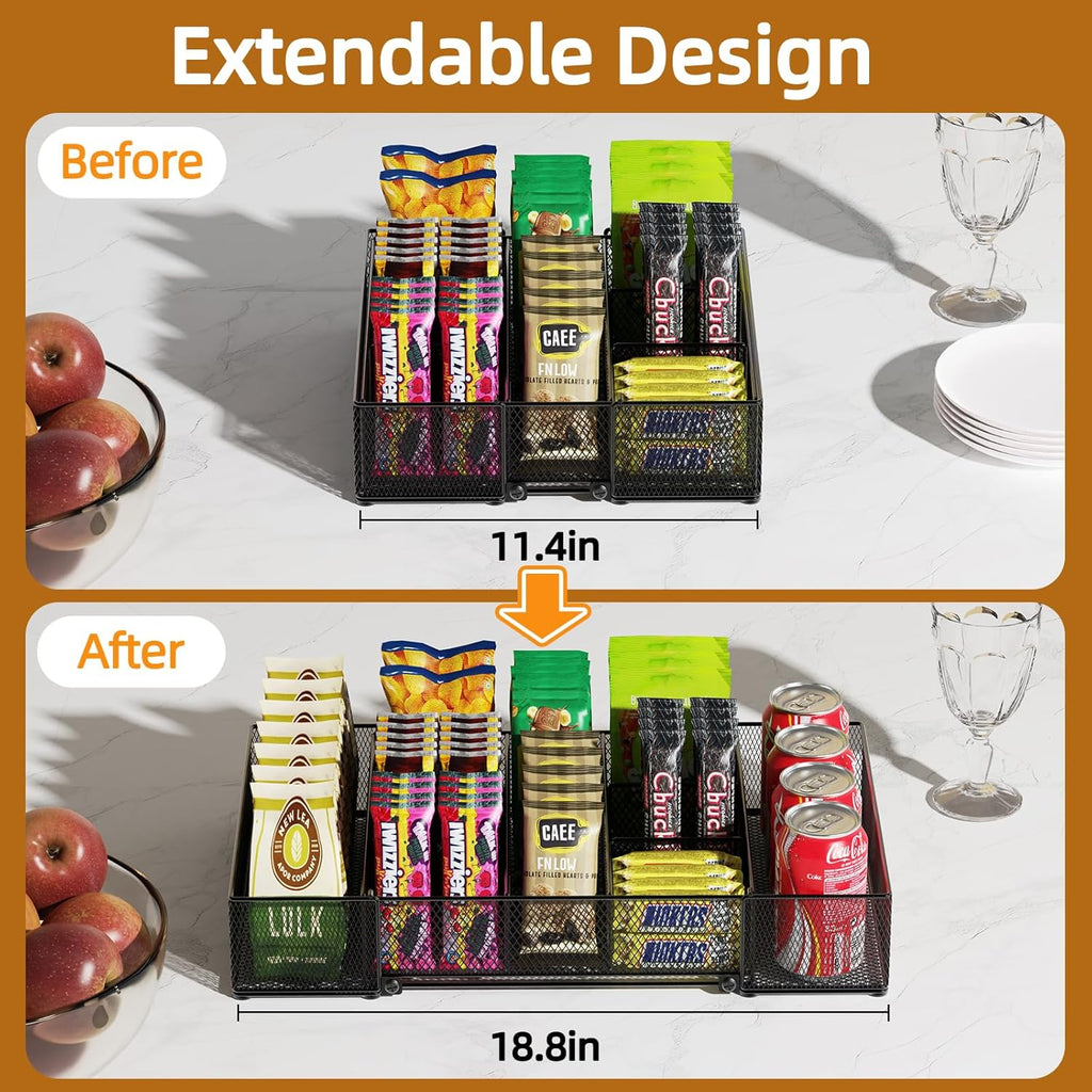 Expandable Snack Organizer, Adjustable Snack Container with 9 Compartments, Kitchen Countertop and Pantry Storage Tray for Tea Bags, Coffee Pods, Candy, and Cookies
