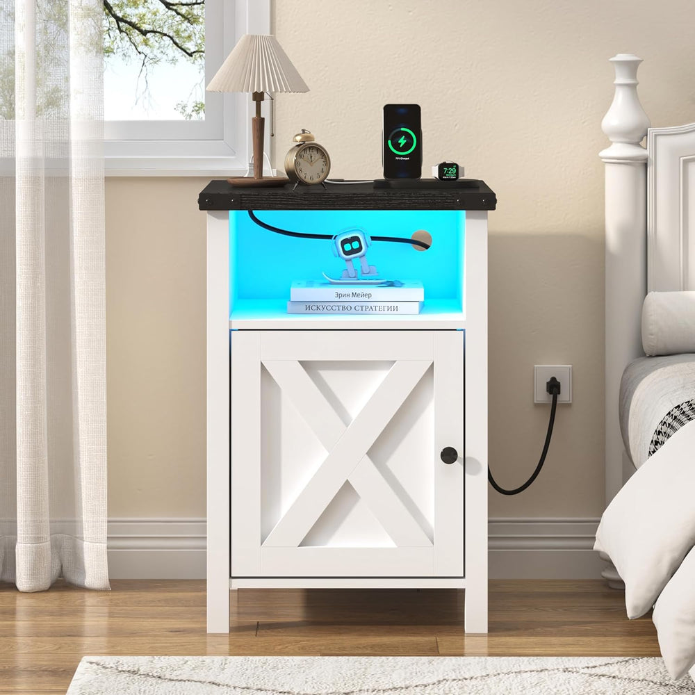 Hlivelood Farmhouse LED Nightstand Set of 2 with Charging Station, Rustic End...