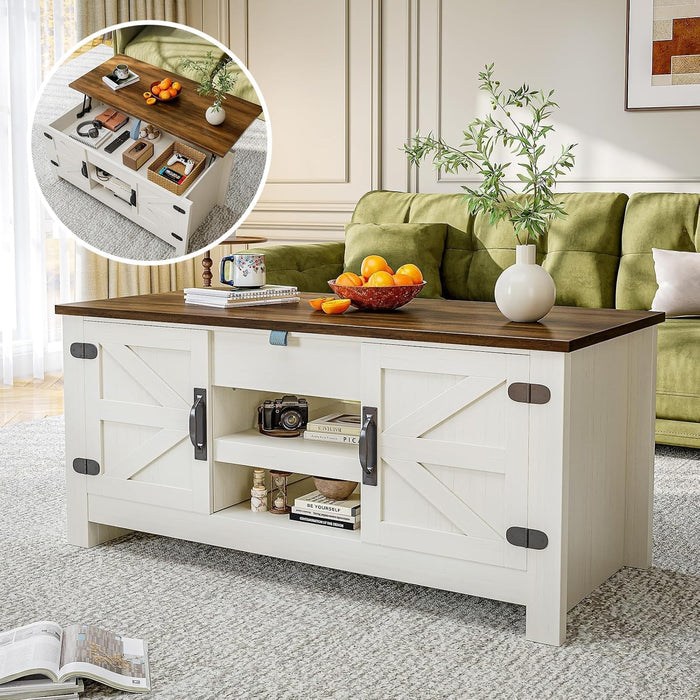 48" Lift Top Farmhouse Coffee Table with Hidden Storage, White