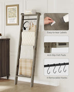 Blanket Ladder Shelf for Living Room, Decorative Quilt Rack with Storage Shelf, 6-Tier Farmhouse Ladder Holder Organizer with 4 Removable Hooks for Bedroom, Greige and Black BR35805B