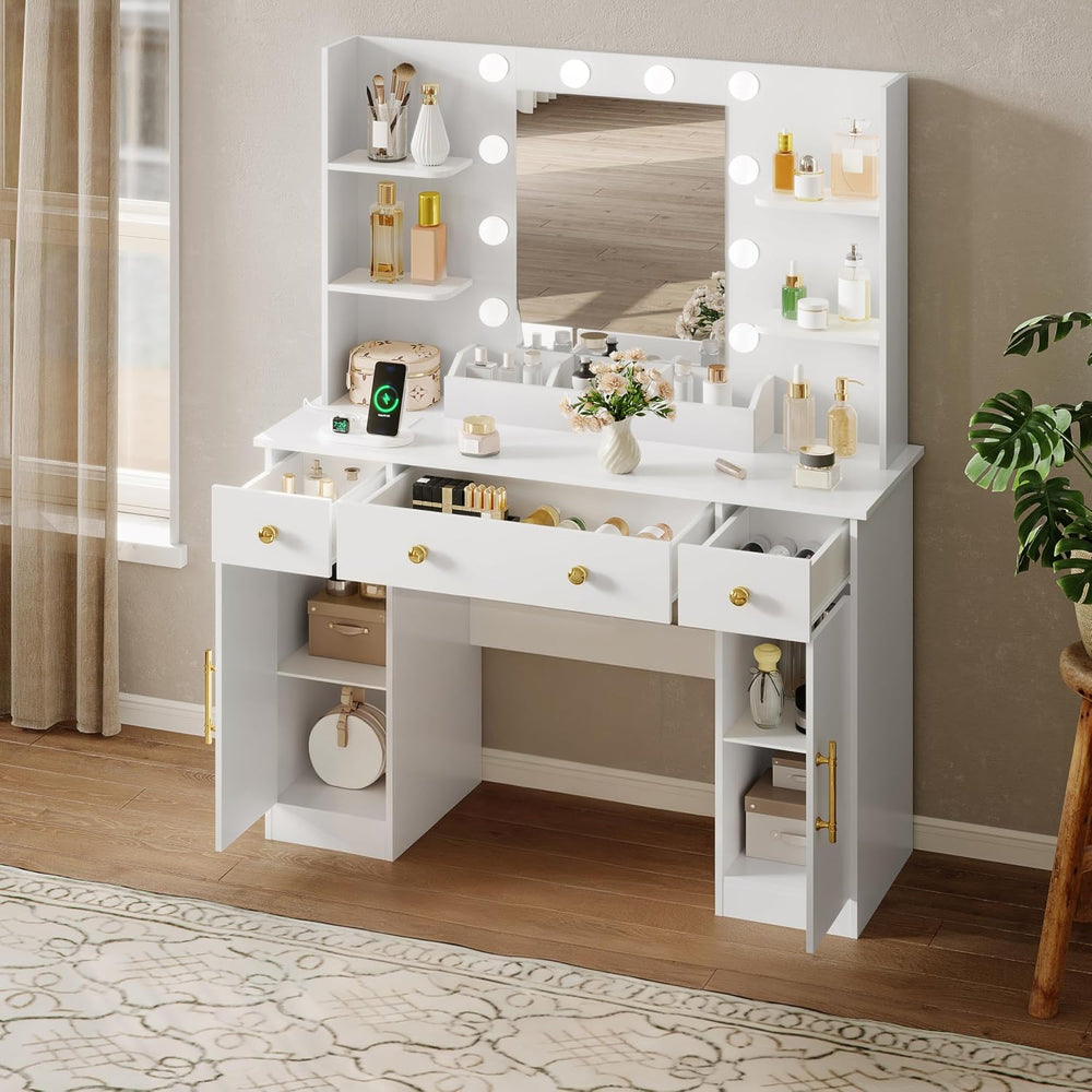 HUANLEGO Vanity Desk with Mirror and Lights, Makeup Vanity with Mirror and LE...