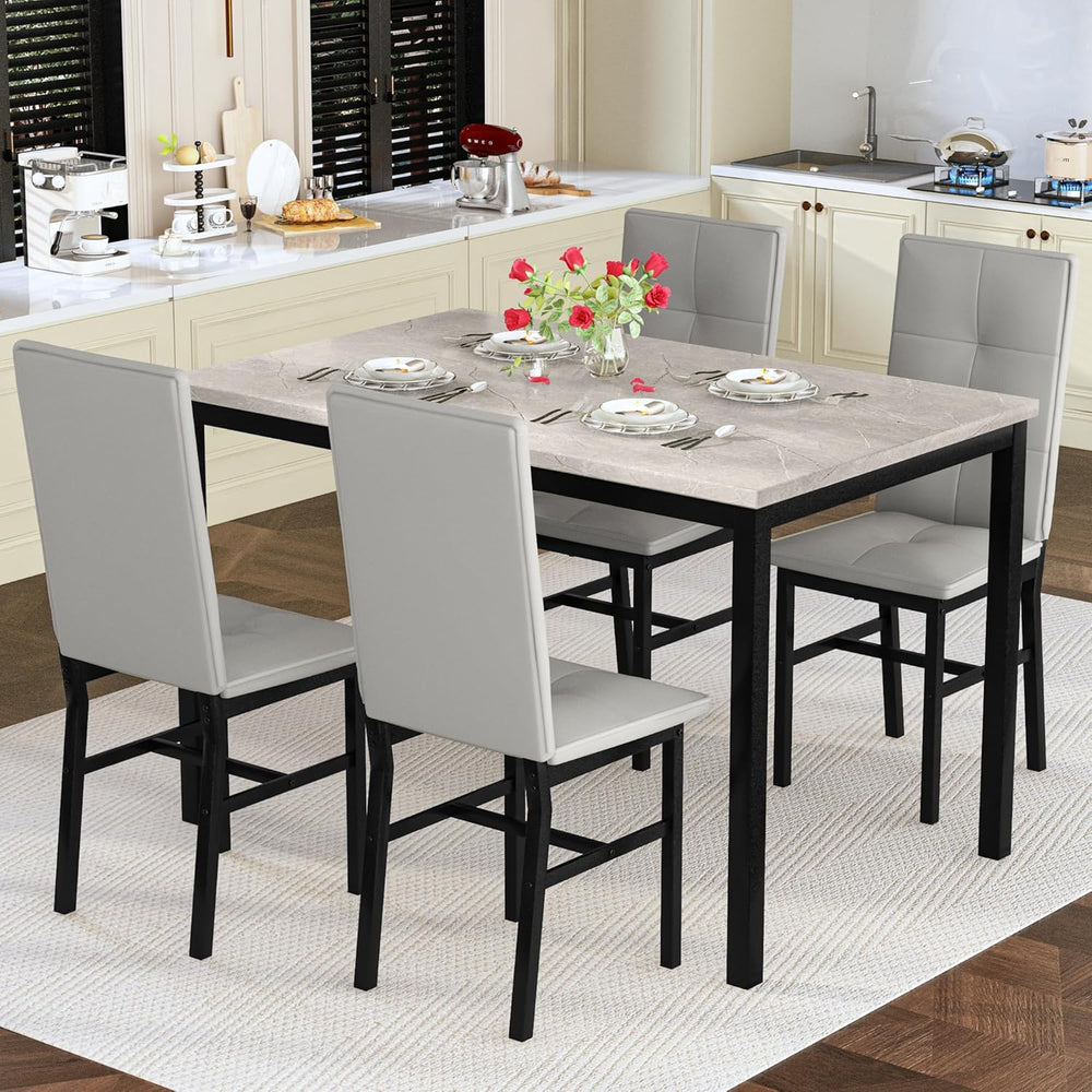 Hooseng Dining Table Set for 4, Faux Marble Small Kitchen Table with 4 PU Lea...