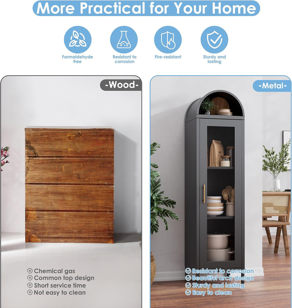 METAN Tall Metal Arched Display Cabinet with Glass Door, Narrow Freestanding ...
