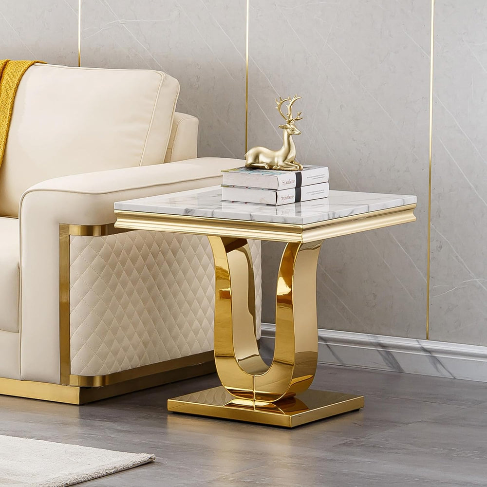 23'' Faux Marble End Table with High-Gloss U Base, Rectangular Marble...