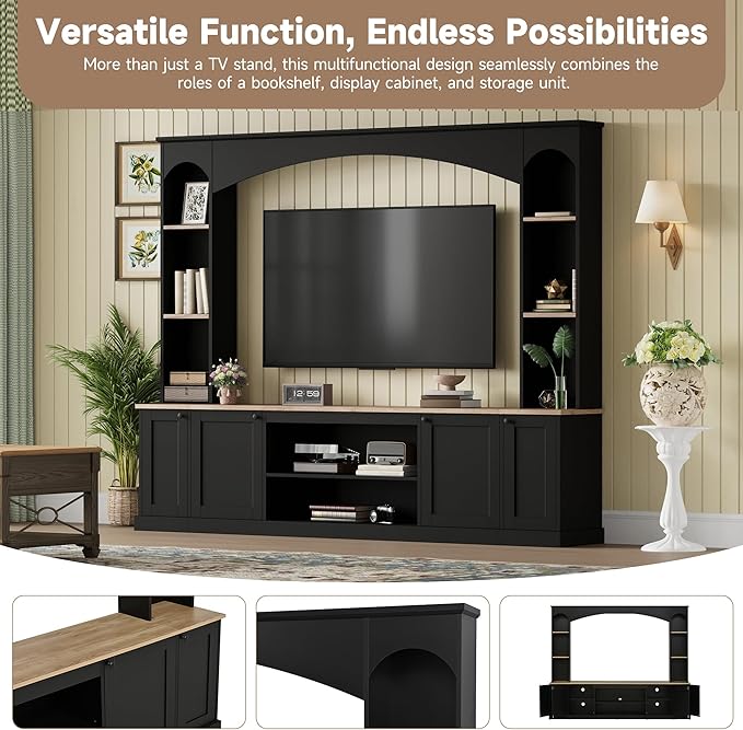Merax Elegant Arched Entertainment Center Wall Unit with Bookshelf, Minimalism TV Stand for Televisions up to 70", Mid-Century Media Console with Adjustable Shelves for Living Room, Black