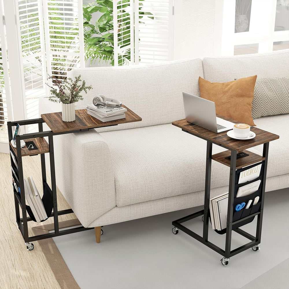 Giantex C Shaped End Table with Charging Station, 27’’H Slide Under Couch Sid...