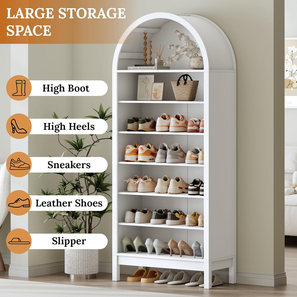 70" Tall Arched Shoe Cabinet, 7-Tier Shoe Rack with 3 Adjustable Shelves, Large Freestanding Shoe Organizer for Entryway, Closet, Hallway, Living Room (Arctic White)