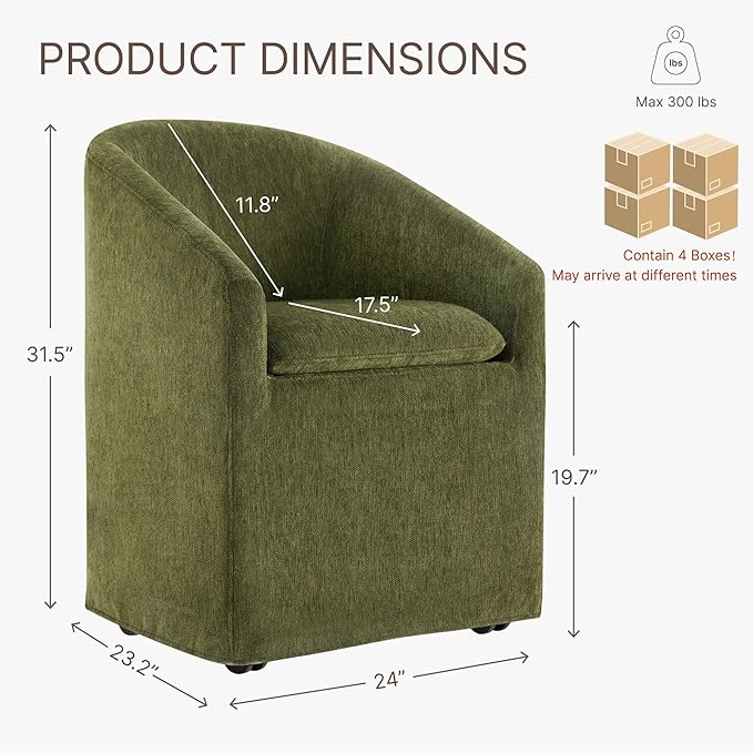 Upholstered Dining Chairs with Casters, Washable Cover Modern Dining Room Chairs with Barrel Backrest & Dual Armrest for Kitchen, Living Room, Bedroom, Green Fabric, 4PCS