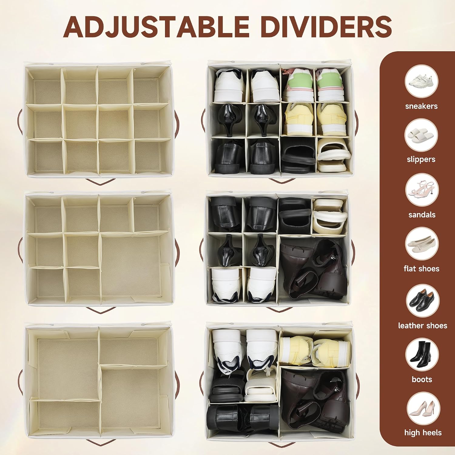 2-Pack Shoe Organizer for Closet, Foldable Shoe Storage Container with Adjustable Dividers & Clear Lid, Holds Up to 12 Pairs, Space-Saving Shoe Boxes, White