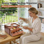Acacia Wood Tea Bag Organizer, Tea Organizers and Storage Box, Double-Drawer Tea Box - Tea and Coffee Organizer,Multi-Functional Tea Station Chest,Wooden Tea Tray and Containers for Countertop Display