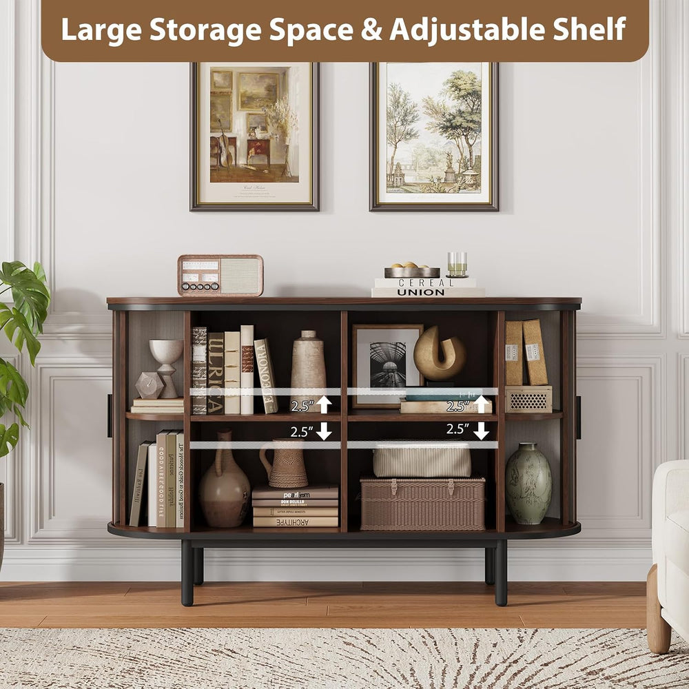 QUW Console Table with Sliding Tambour Doors, 47" Mid Century TV Stand w...