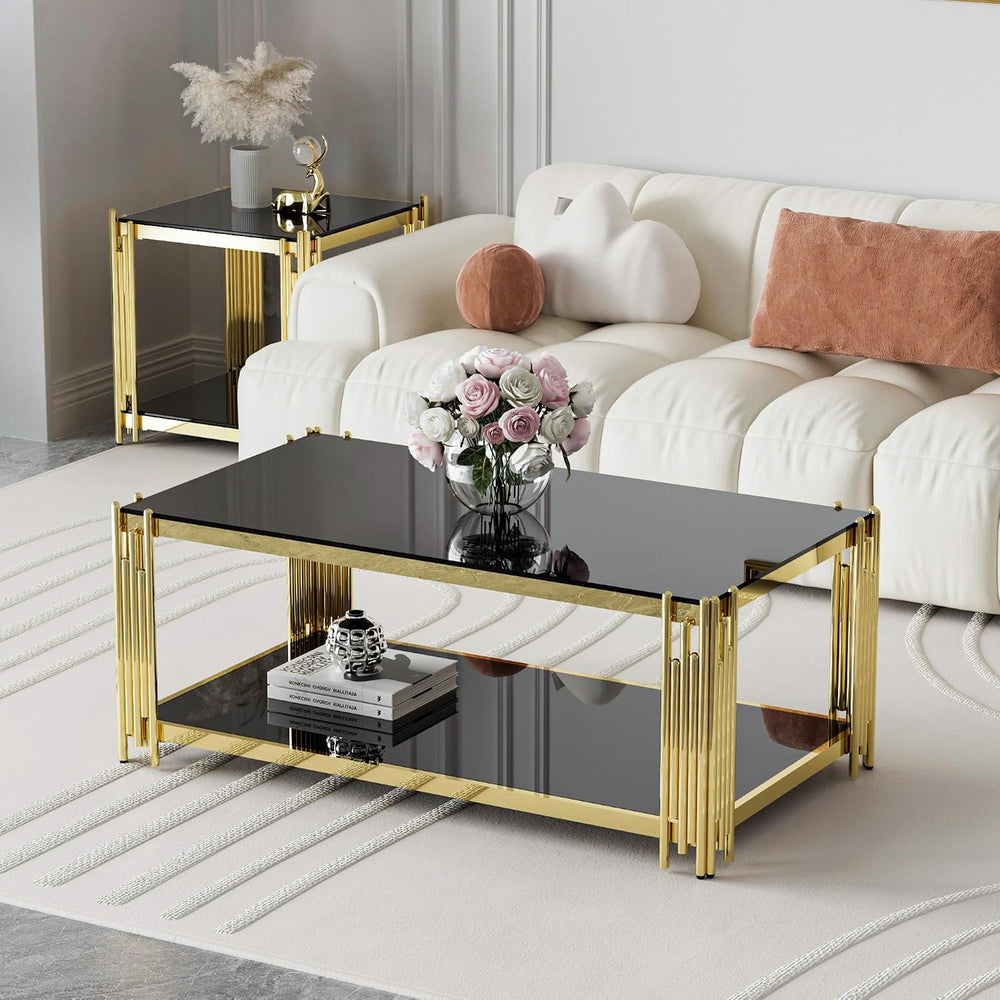 Glass Coffee Table Set of 3, End Table Modern Living Room Table Rectangle Cle...