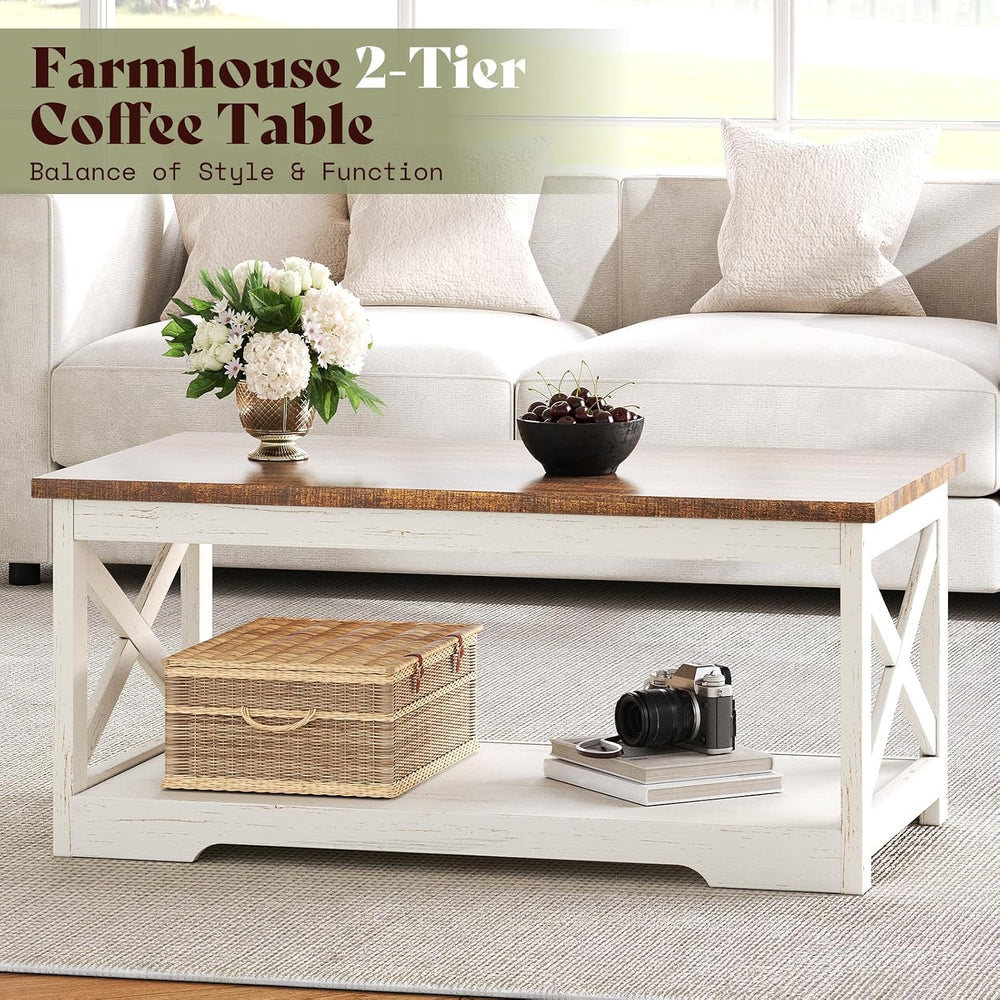 AMERLIFE Farmhouse 5 Piece Living Room Table Set, 59" TV Stand, White | ...