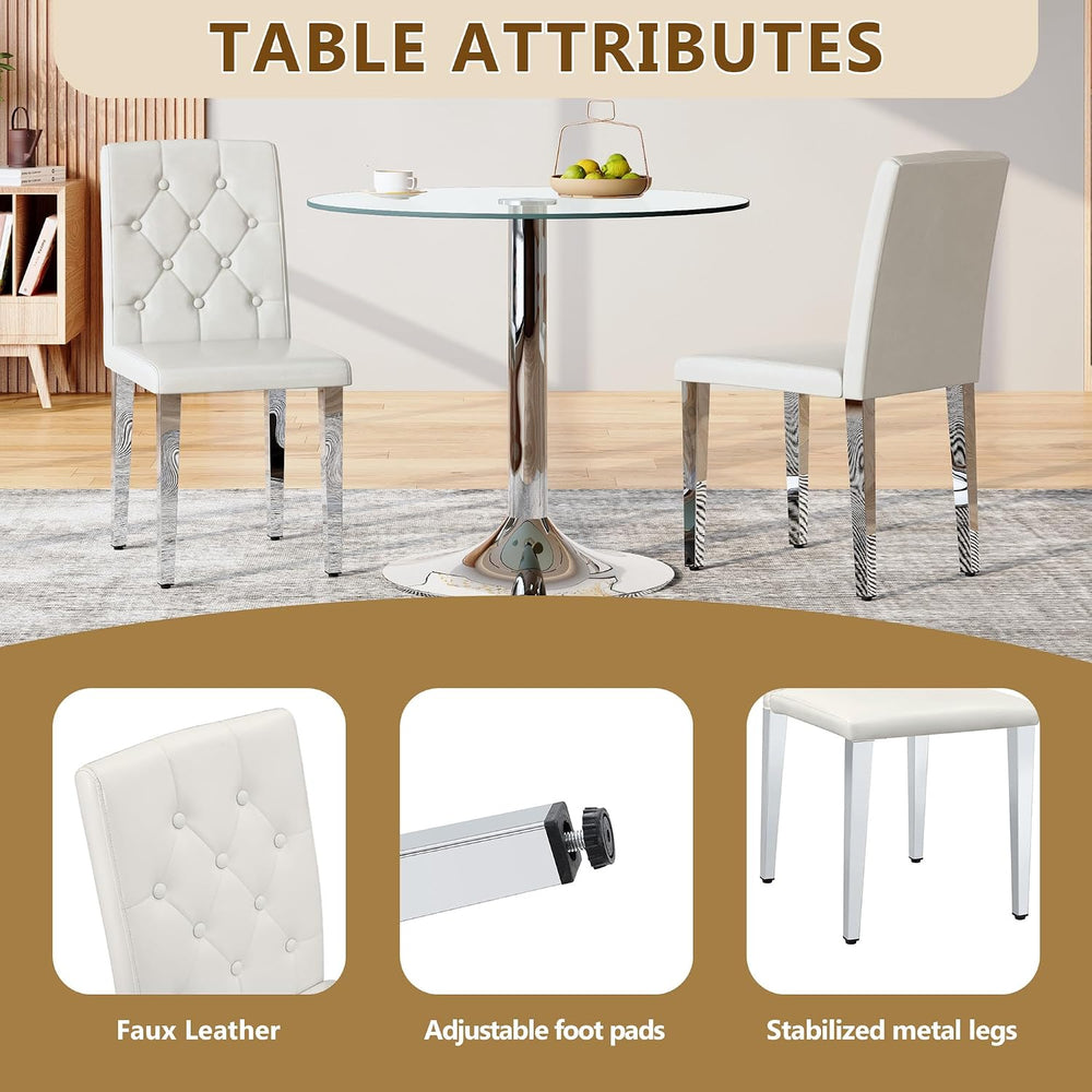 White Dining Chairs Set of 4, Faux Leather, Silver Metal Legs | Button-Tufted...