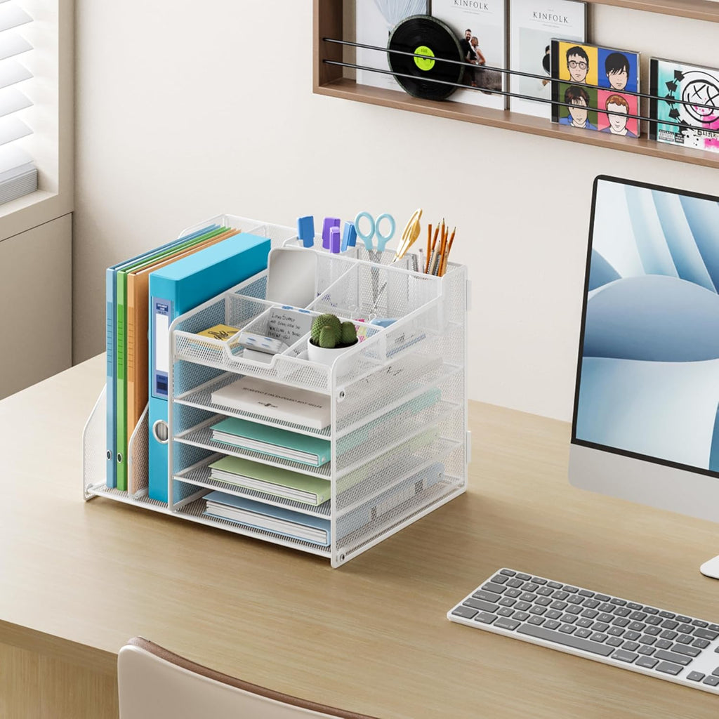 Lavatino 5-Tier Desk Organizer with 2 File Holders, Metal Adjustable Paper Letter Tray for Office or Home Desk Organizers and Accessories | 7 Flexible Dividers Keep Workspace Supplies Neat, White