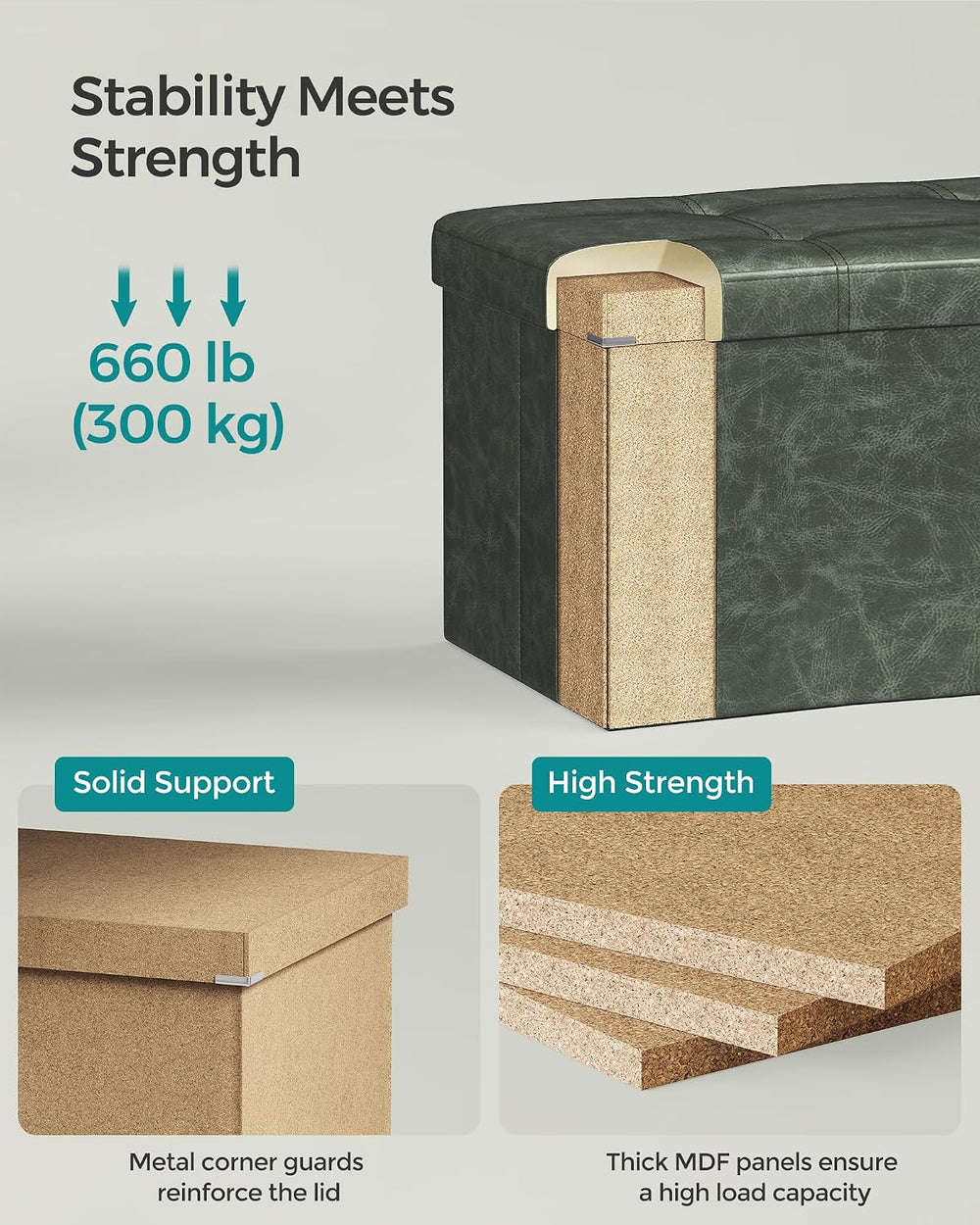 SONGMICS Storage Ottoman Bench, 43.3 Inches Folding Foot Rest Stool | PU Leat...