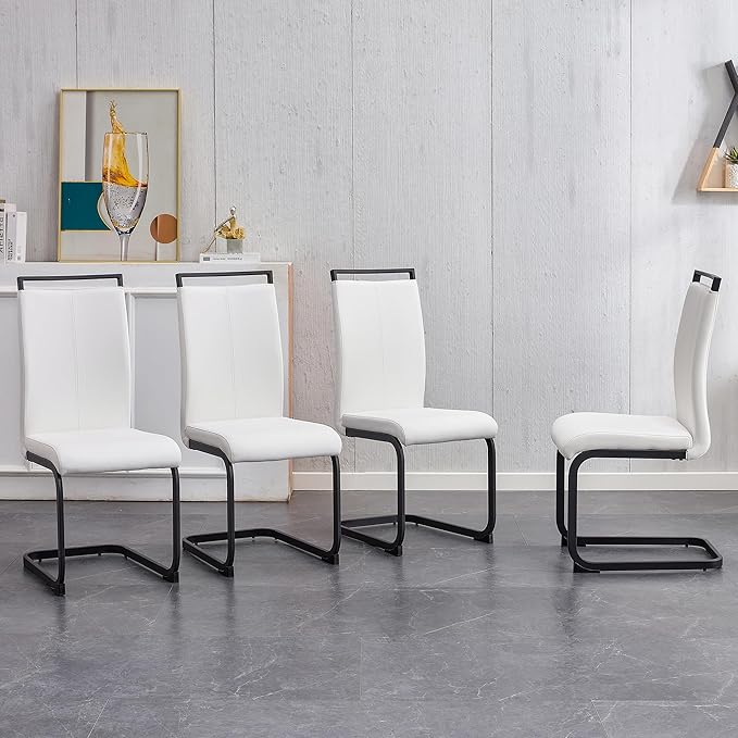 AZmac Modern Leather Dining Chairs Set of 4,Armless Kitchen Chairs,Dining Room Chair with Upholstered Padded Seat and Sturdy Chrome Legs for Dining Room,Kitchen (Set of 4, White-Black Leg)