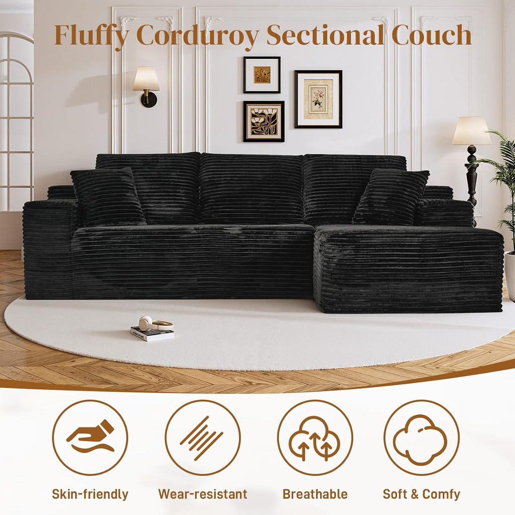108" L Shaped Boneless Sectional Couches for Living Room, Comfy Corduroy Floor Cloud Sofa with Chaise, Wide Armrest, Deep Seat, Memory Foam, Assembly Free, Ideal for Small Spaces, Black