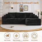 108" L Shaped Boneless Sectional Couches for Living Room, Comfy Corduroy Floor Cloud Sofa with Chaise, Wide Armrest, Deep Seat, Memory Foam, Assembly Free, Ideal for Small Spaces, Black