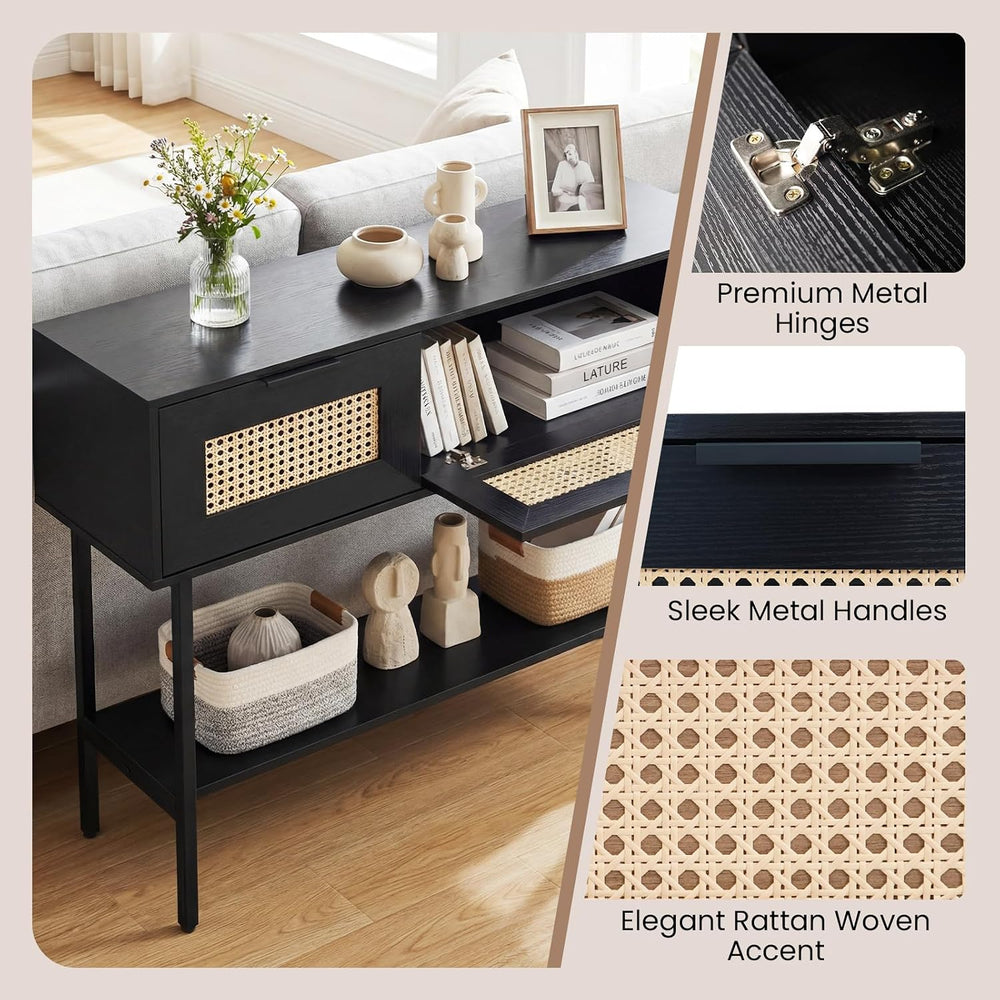 GOFLAME 40” Rattan Console Table, Narrow Long Entryway Table with Storage She...