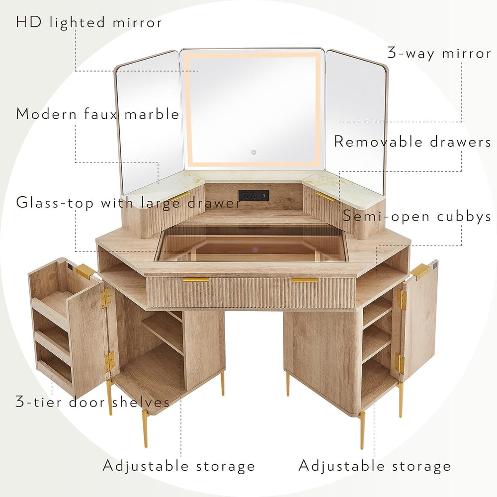 T4TREAM 48" Corner Makeup Vanity with Lighted Triple Mirror, Natural Oak...